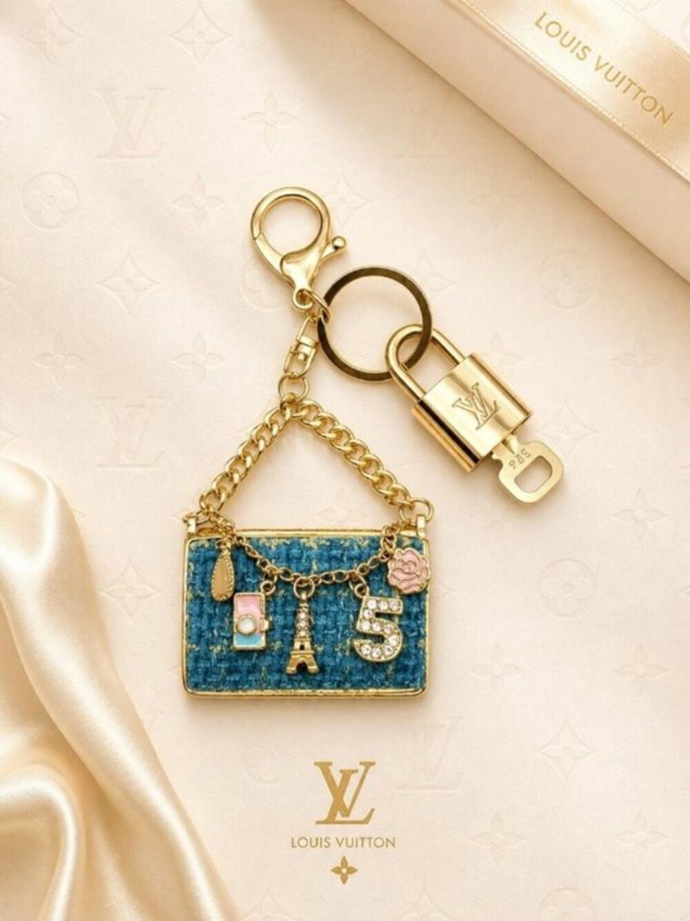 Authentic Louis Vuitton Padlock Gold 🔒 Key Set + Unbranded Tweed Bag Keychain